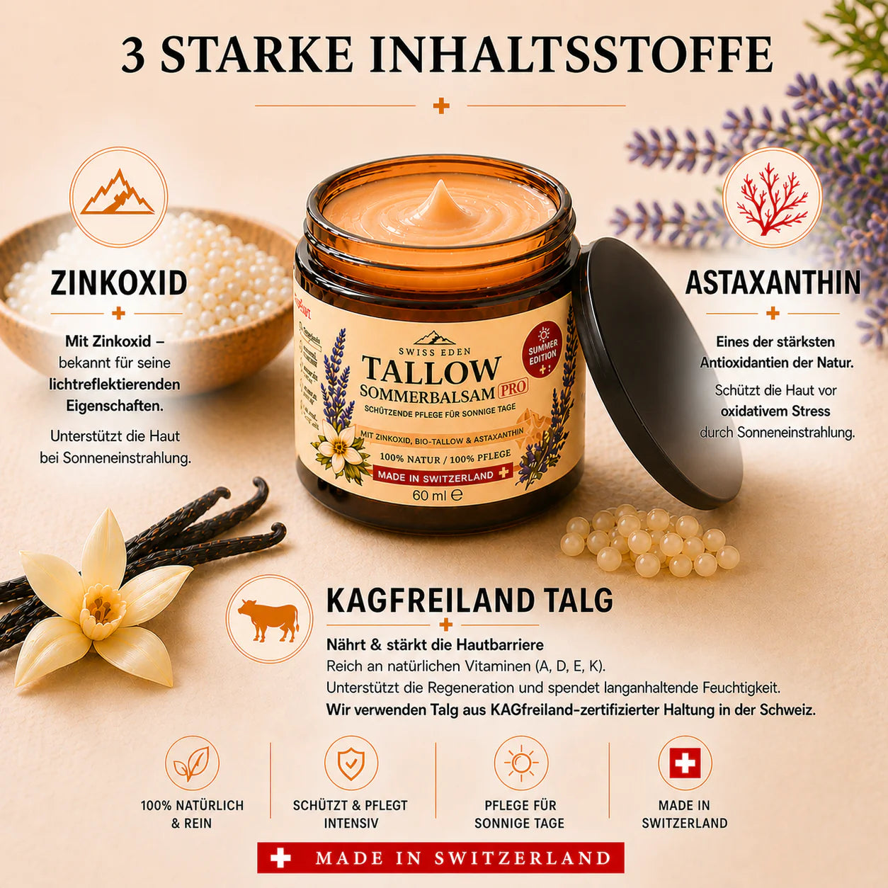 Inhaltsstoffe des Swiss Eden Tallow Sommerbalsam PRO mit Zinkoxid, Astaxanthin und KAGfreiland BIO-Rindertalg