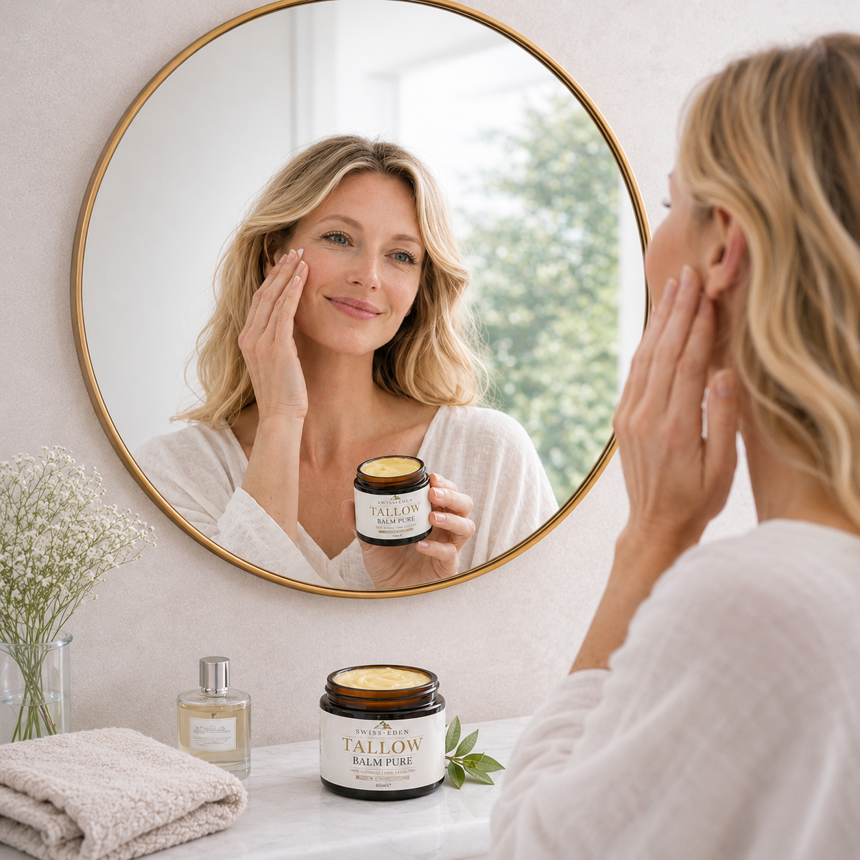 Frau pflegt ihre Haut vor dem Spiegel mit Swiss Eden Tallow Balm Orange & Jojoba aus Schweizer BIO Rindertalg
