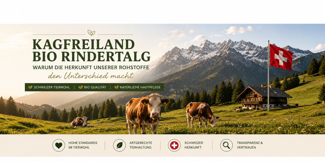 Schweizer KAGfreiland BIO Rindertalg – Kühe auf artgerechter Weidehaltung in den Schweizer Alpen. Hochwertige Rohstoffquelle für natürliche Tallow Hautpflege von Swiss Eden.