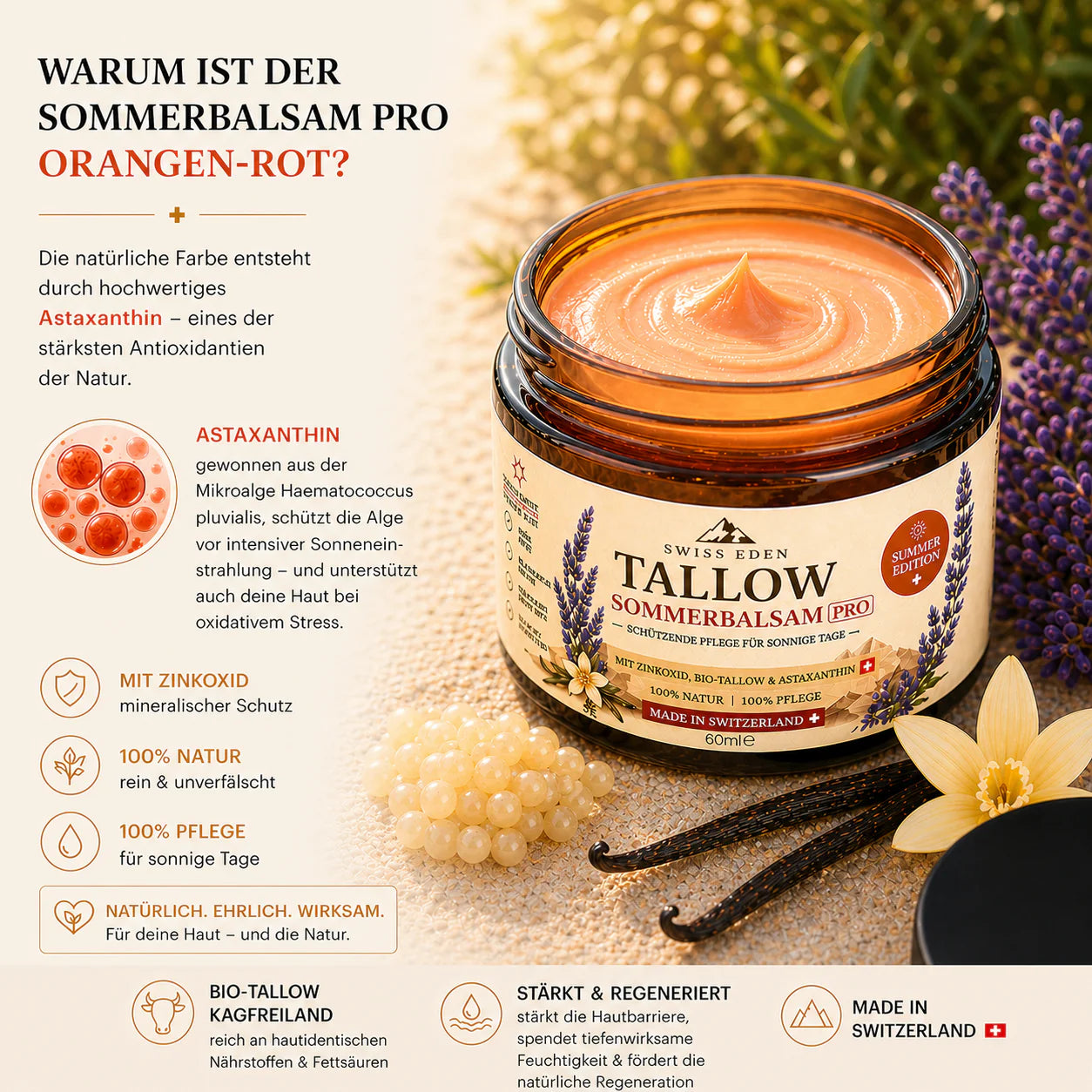 Swiss Eden Tallow Sommerbalsam PRO mit Astaxanthin, Zinkoxid und Schweizer KAGfreiland BIO-Tallow