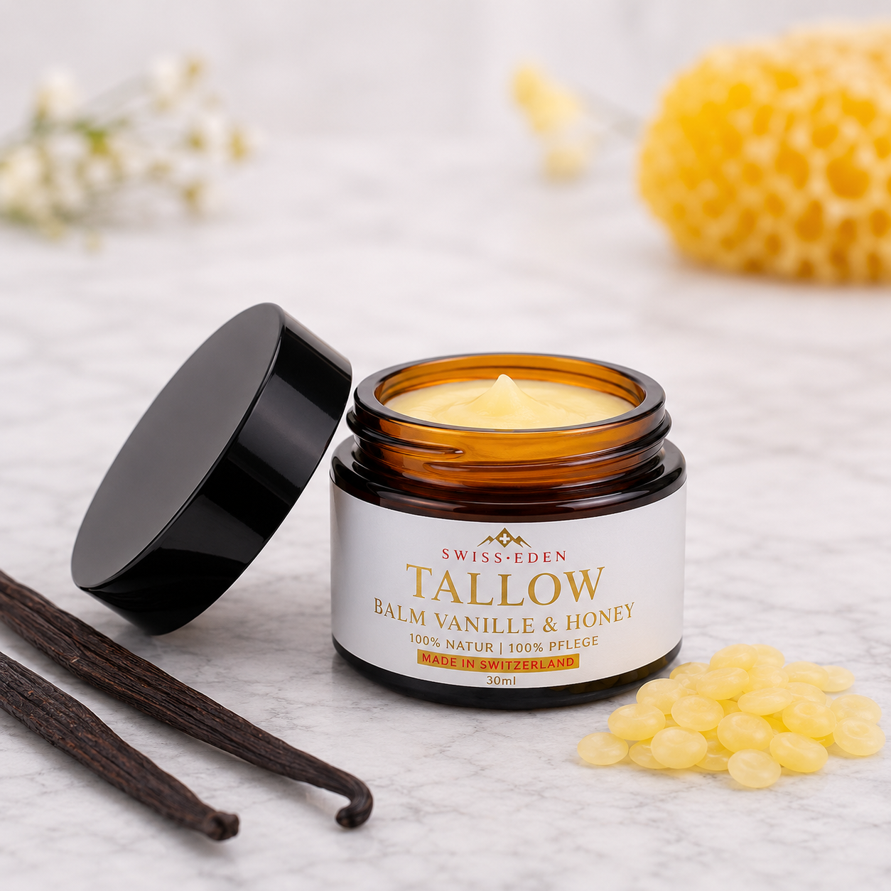 Swiss Eden Tallow Balm Vanille & Honig 30ml – Handgefertigte Naturpflege mit KAGfreiland Bio-Rindertalg, Honig und Vanille aus der Schweiz.