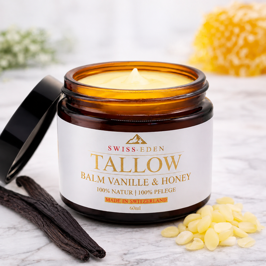 Swiss Eden Tallow Balm Vanille & Honig 60ml – Natürliche Hautpflege mit KAGfreiland Bio-Rindertalg, Honig und Vanille, hergestellt in der Schweiz.