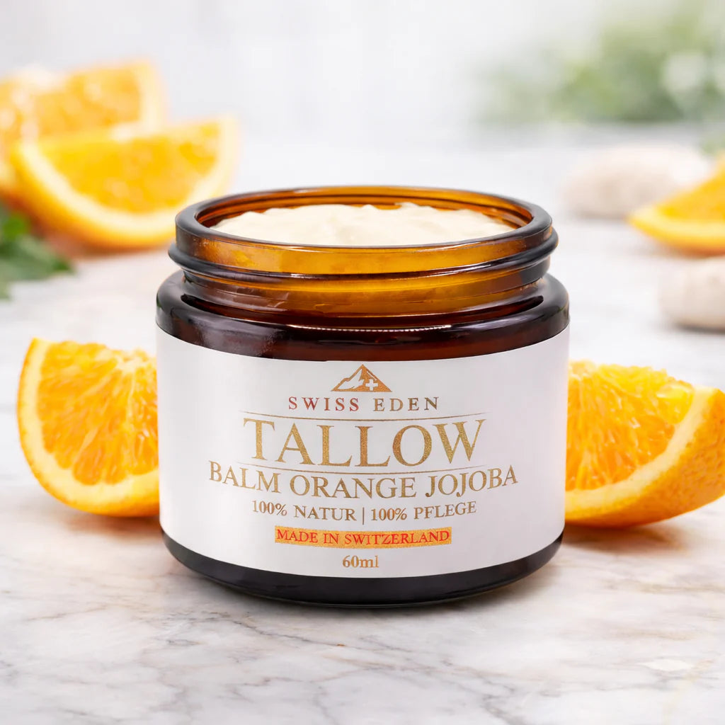 Swiss Eden Tallow Orange & Jojoba mit KAGfreiland BIO Tallow, Jojobaöl und natürlichem Orangenöl aus der Schweiz.