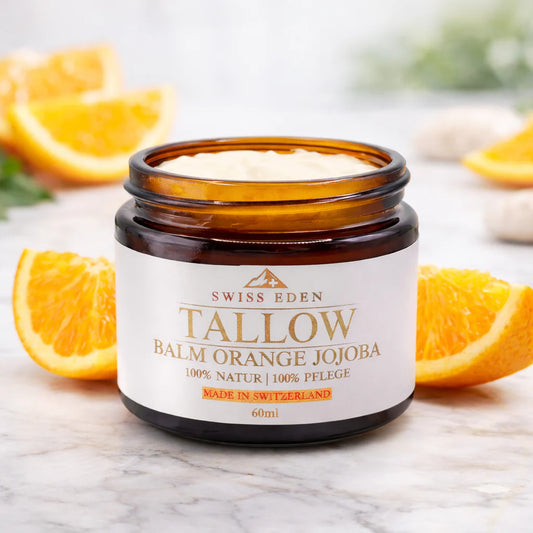 Swiss Eden Tallow Orange & Jojoba mit KAGfreiland BIO Tallow, Jojobaöl und natürlichem Orangenöl aus der Schweiz.