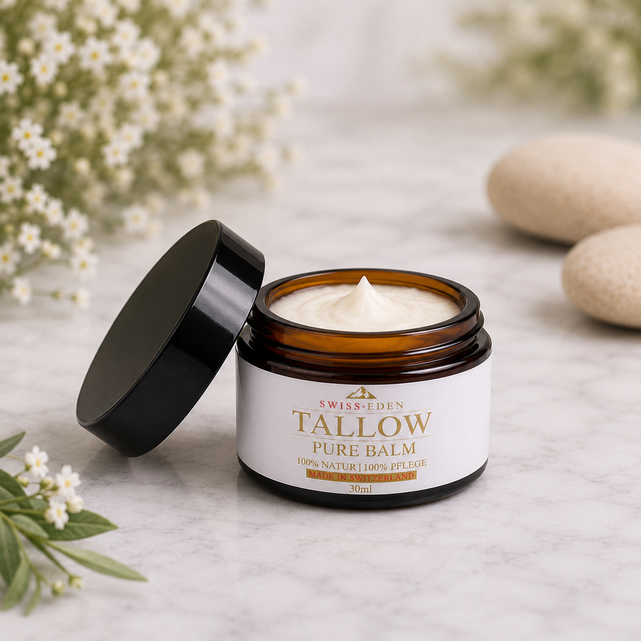 Swiss Eden Tallow Pure Balm 30ml – Natürliche Hautpflege mit KAGfreiland Bio-Rindertalg, handgefertigt in der Schweiz.