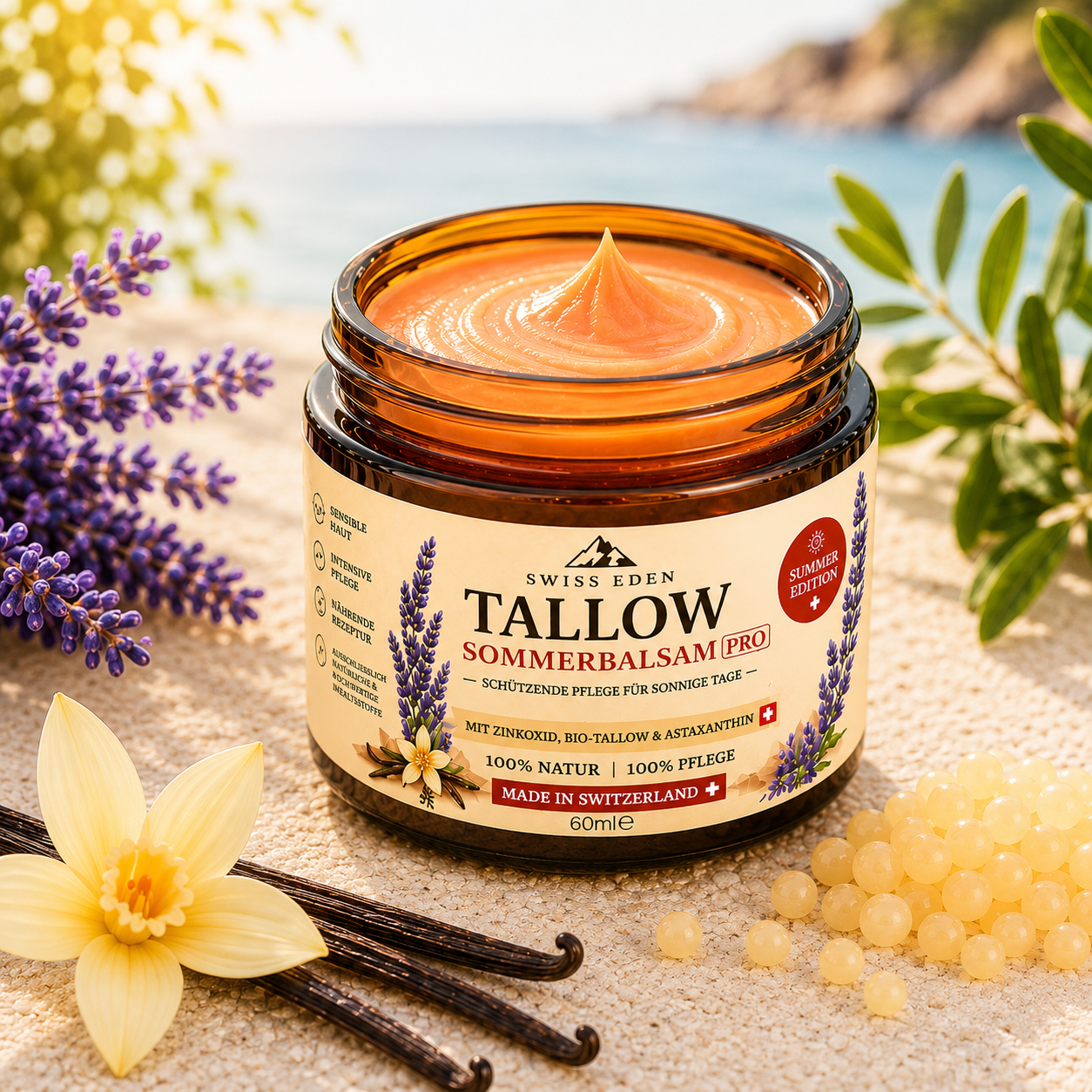 Swiss Eden Sommerbalsam PRO mit BIO Tallow, Zinkoxid und Astaxanthin – natürliche Hautpflege für sonnige Tage, hergestellt in der Schweiz.