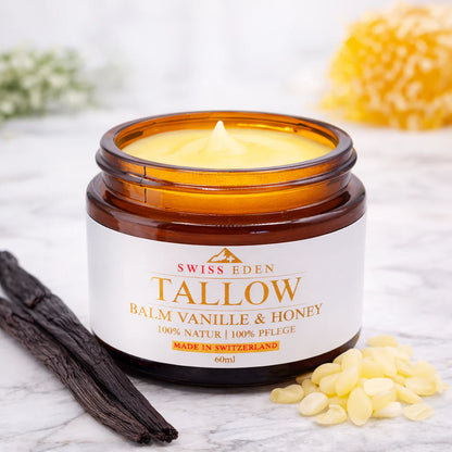 Swiss Eden Tallow Vanille & Honig mit Schweizer BIO-Tallow, Honig und Vanille für trockene und empfindliche Haut.